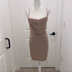 Nude cowl neck spaghetti strap nude mini dress
